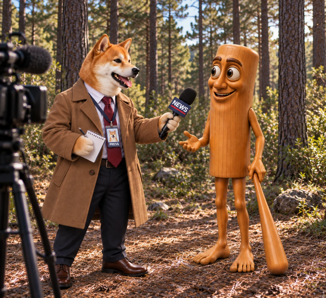 Reportinu interviewing Tung Tung Sahur in the woods